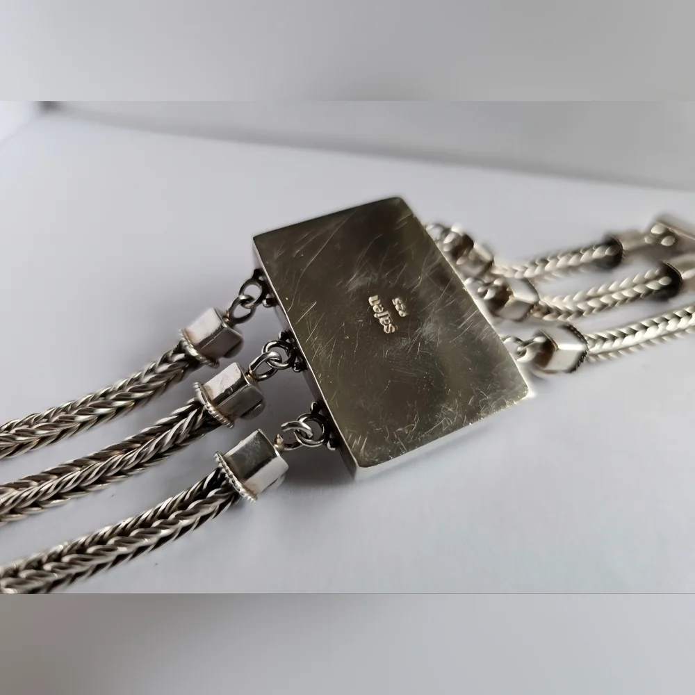 Sajan Multi-Strand Silver Carved Mother of Pearl Face Bracelet Amethys Chalcedon - Picture 3 of 5